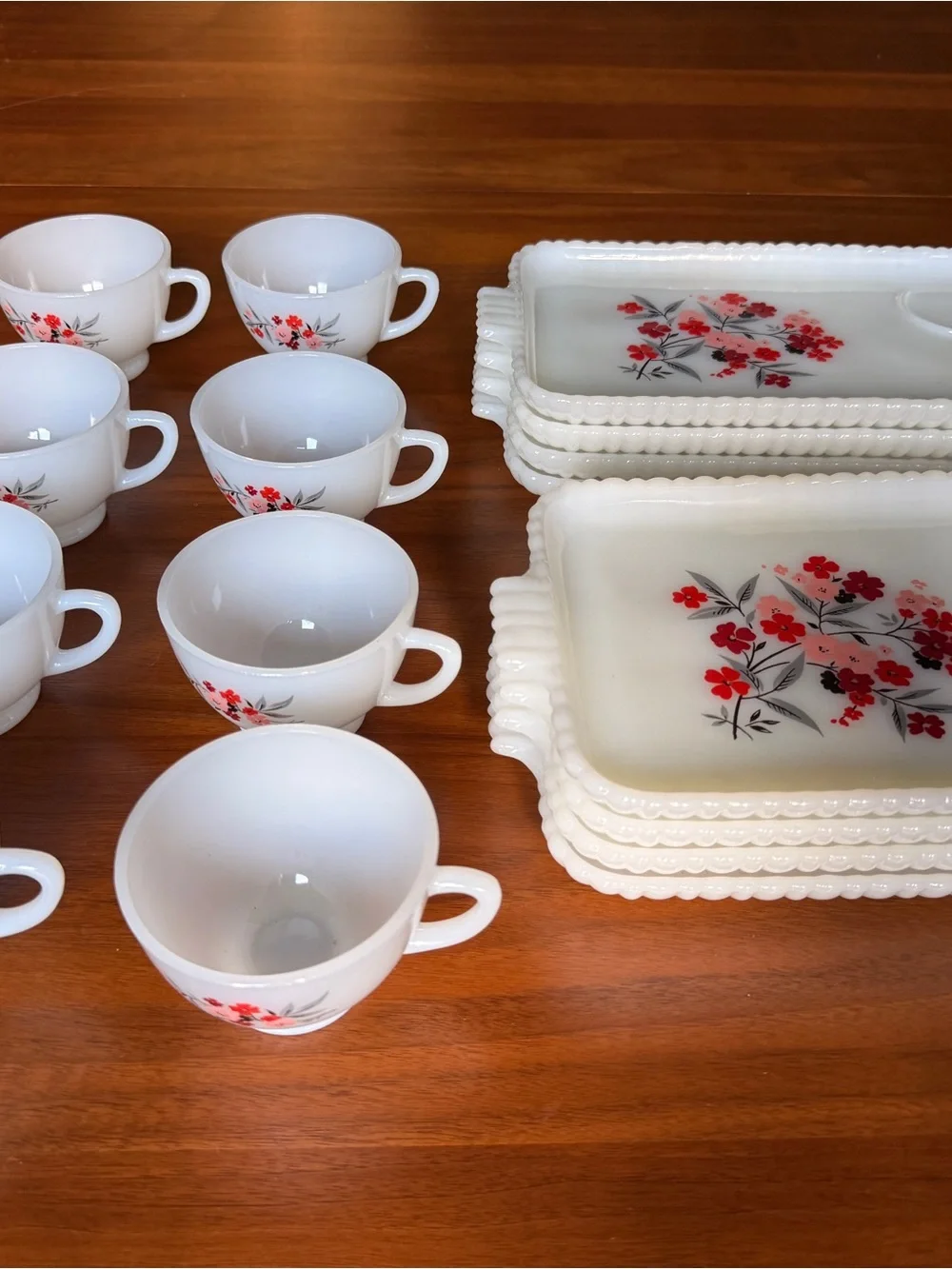 Anchor Hocking White Milk Glass Snack Trays and Cups with Red Floral Pattern